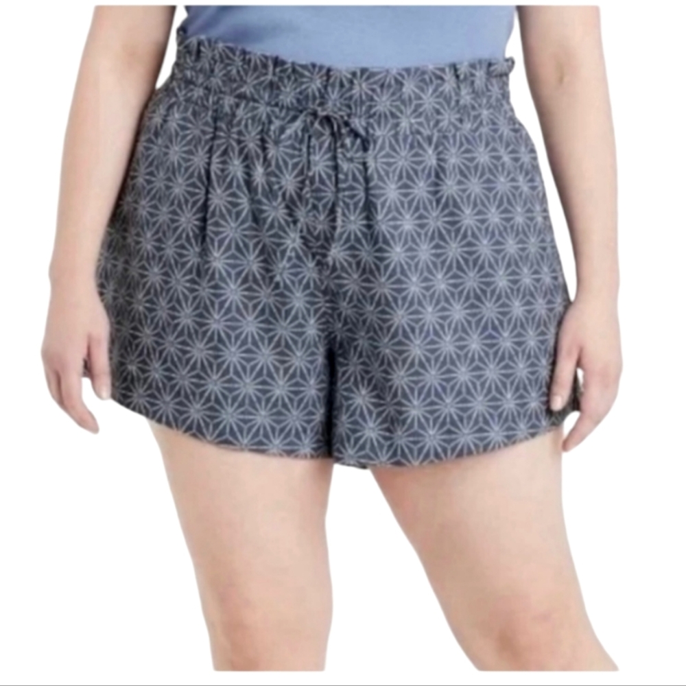 A NEW DAY Linen Rayon Geometric Drawstring Waist Paperbag Shorts Blue Gray NWOT
